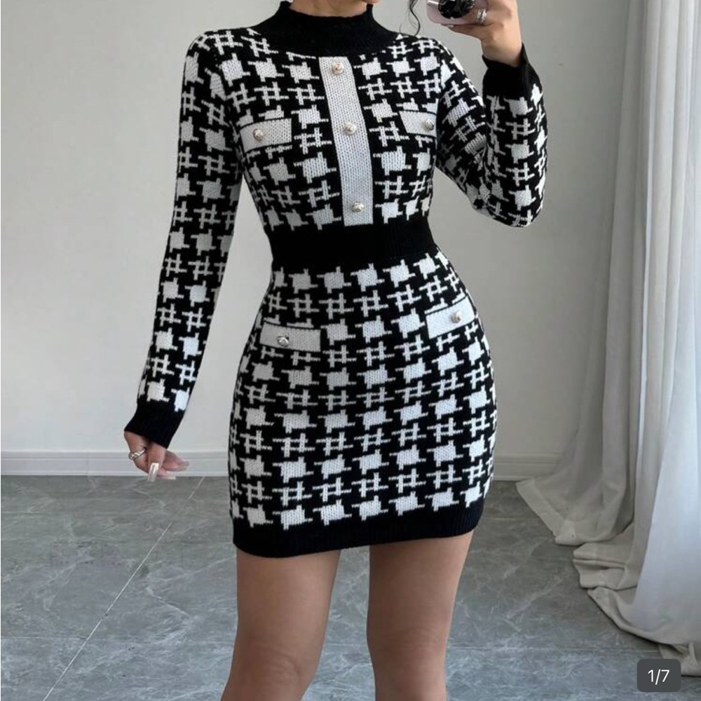 SHEIN Black & White Houndstooth Knit Mini Dress